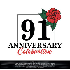 91st anniversary celebration logo  vector design with red rose  flower with black color font on white background abstract  