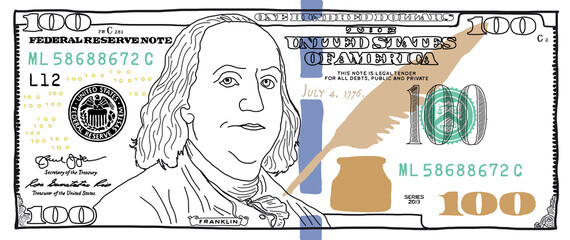 Cartoon hand drawn 100 dollar banknote
