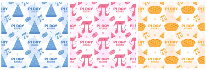 Set of Pi Day Seamless Pattern Design with Mathematical Constants or Baked Pie in Template Hand Drawn Cartoon Flat Illustration
