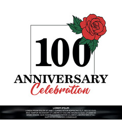 100th anniversary celebration logo  vector design with red rose  flower with black color font on white background abstract  