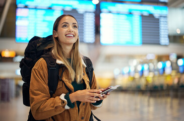 Airport, travel and backpack woman with passport, flight ticket and documents for immigration, journey and schedule. Happy person, identity document search and international registration information - obrazy, fototapety, plakaty