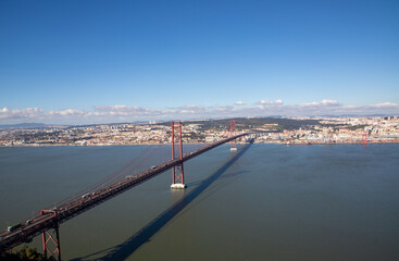Landscape of the April 25 bridge over the Tagus river near Lisbon city - Portugal