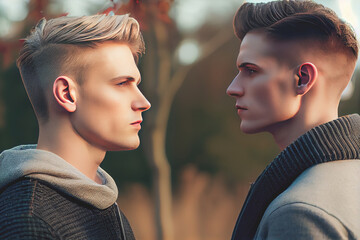 Portrait of Handsome young gay couple standing in park staring at each other's eyes. Concept of same sex love, equality and LGBT rights. Generative AI