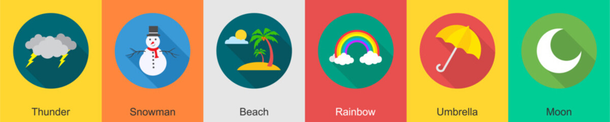 A set of 6 Weather icons as thunder, snowman, beach