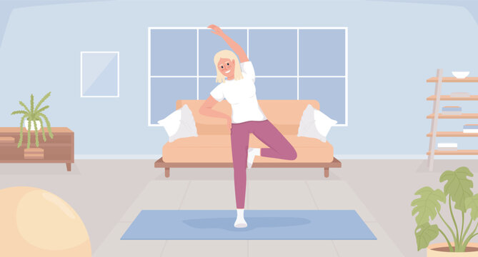 Morning workout flat color vector illustration. Cheerful blond young woman warming up on yoga mat. Fully editable 2D simple cartoon character with cozy living room interior on background