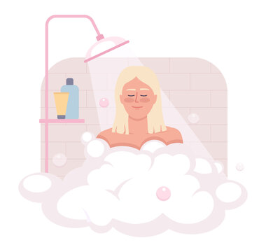 Taking shower after waking up 2D vector isolated illustration. Happy blond woman bathing with bubbles flat character on cartoon background. Colorful editable scene for mobile, website, presentation