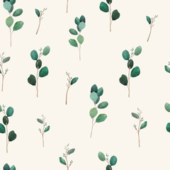 Eucalyptus seamless pattern , wedding invitation drawn in watercolor on white background, for your design, boho style