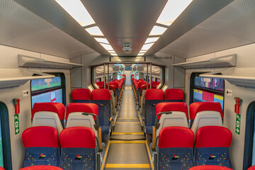 Interior of Polish electric regional train in Łódź - obrazy, fototapety, plakaty