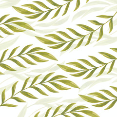 Naklejka na ściany i meble Seamless pattern with green palm leaves on white background. watercolor vector illustration