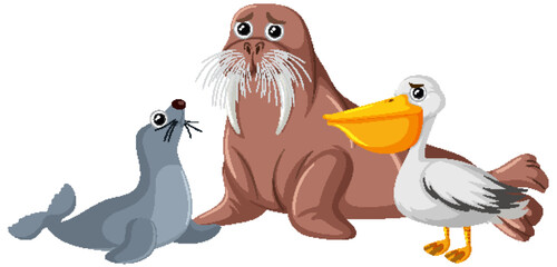 Walrus seal and pelican with sad face expression