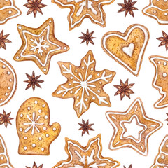 Fototapeta na wymiar Seamless watercolor background with differently shaped Christmas gingerbread decorated with icing and star anise, on white. Festive design for textiles, packaging, covers.