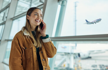 Phone call, travel and woman talking at airport, chatting or speaking to contact in lobby....