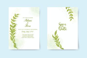 Elegant leaves gold wedding invitation. watercolor vector illustration