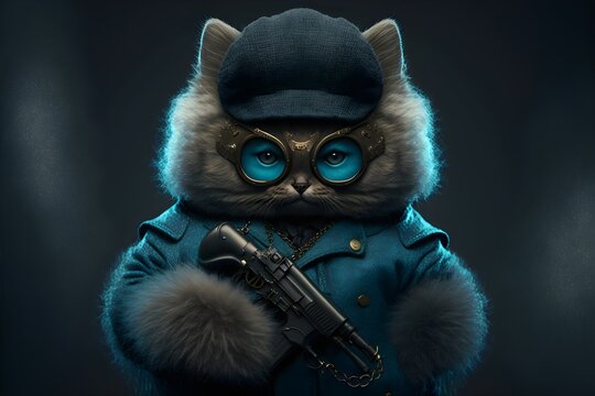Beautiful fluffy burglar cat wearing a baclava mask and holding retro revolver.
