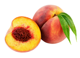 Ripe whole peach with green leaves and half peach isolated on transparent background