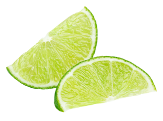 Two ripe slices of green lime citrus fruit isolated on transparent background