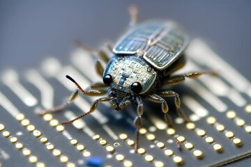 Hardware bug concept: cybernetic insect is sitting on the computer hardware motherboard with chips and soldered elements. AI