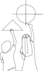 Single one line drawing happy kids boy and girl study geometric shapes. Math is fun concept. Continuous line draw design graphic vector illustration.