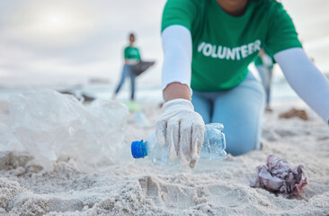 Hands, plastic and volunteer at beach cleaning for environmental sustainability. Recycle, earth day...