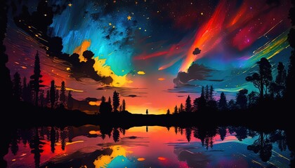 dreamlike gradient sky at night time with nature landscape, idea for background wallpaper, Generative Ai