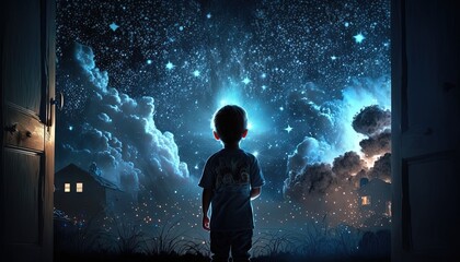 a kid watching out at big window open to galaxy sky, midnight time, idea for imagination and dream concept, Generative Ai	
 - obrazy, fototapety, plakaty