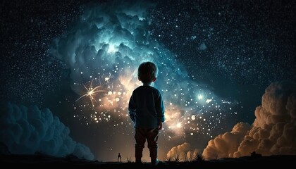 a kid watch to galaxy sky, midnight time, idea for imagination and dream concept, Generative Ai	
