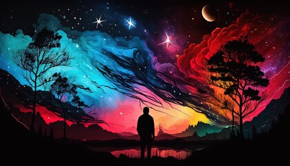 Naklejka premium dreamlike gradient sky at night time, a man stargazer watch at starfield, idea for background wallpaper, Generative Ai 