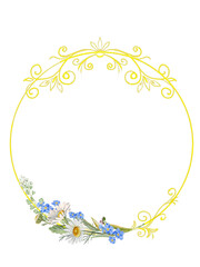 Round gold frame with ornament and wild flowers.