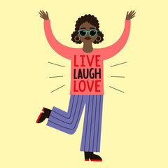 Vector illustration with dancing Black Afro African American girl woman. Live Laugh Love lettering phrase. Colored inspirational typography poster, sticker template, apparel print design