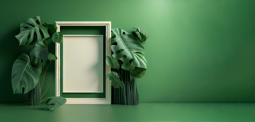 beautiful empty wooden frame on green wall room background,  spathiphyllum cannifolium leaves plant, abstract vintage botanical decoration, Ai generated