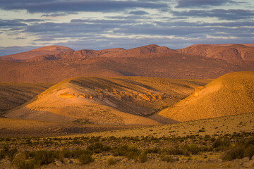 Sunrise over rolling hills on the high altitude plateau of the Andes (Altiplano) in the north of Chile