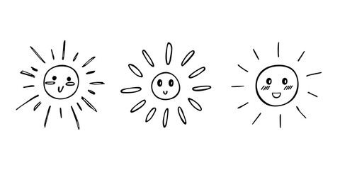 Hand drawn happy sun emoji. Summer doodle set. Vector elements for design