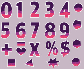 Number Set 0 to  9 Modern Purple pink with white border Font