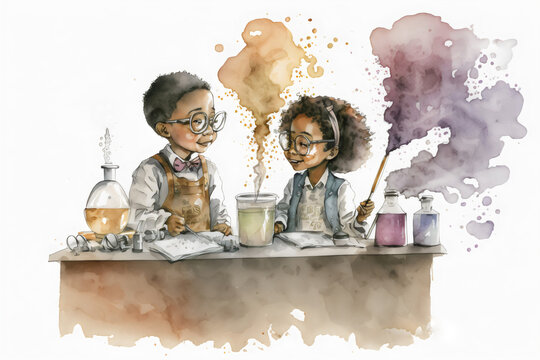 watercolor painting of poc girl and boy doing scientific experiments created with generative ai