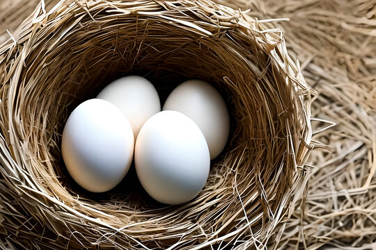AI generated image of four white chicken eggs in a nest