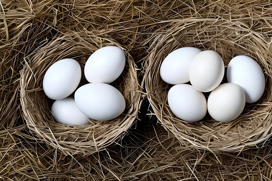 AI generated image of white chicken eggs in a couple of nests