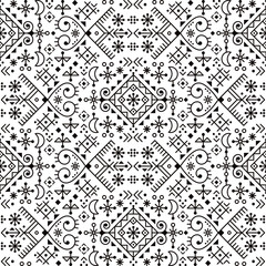 Icelandic rune art inspired vector seamless pattern, geometric tribal line art decoration with moons and abstract shapes