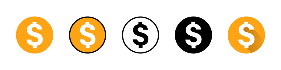 Dollar coin icon set with different styles. Money and currency. Vector.