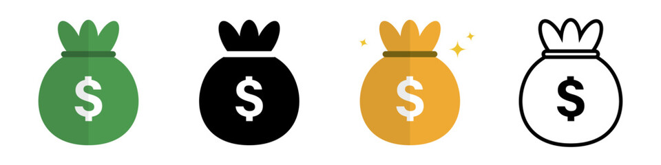 Dollar bag icon set with different styles. Money bags. Vector.