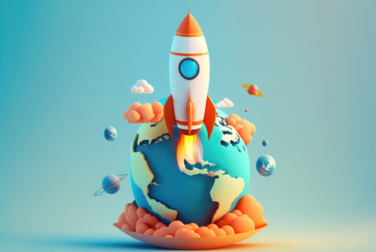An imaginative depiction of space travel, with a bright and dynamic rocket ready for liftoff with planet Earth and other planets behind isolated on light blue background. Generative AI