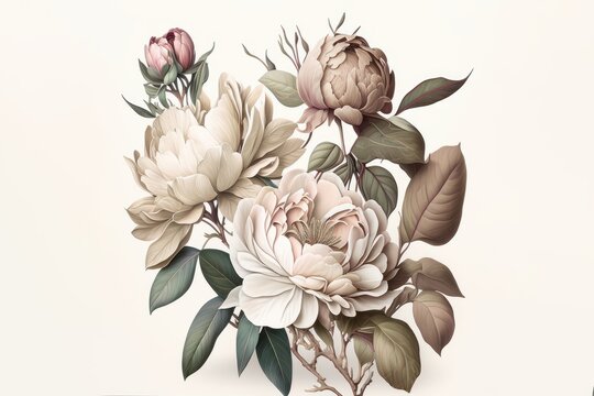 Magnolia flowers and peonies with branches and leaves on a light background (generative AI)