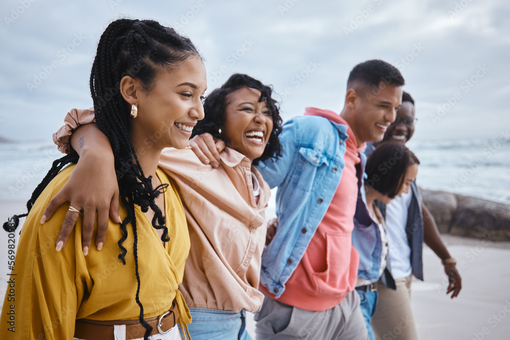 Poster Diversity, hug and friends walking at the beach for holiday, vacation and bonding on nature background. Men, happy and women group relax at the sea, laugh and cheerful on an ocean trip in Miami