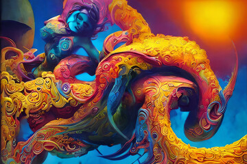 Obraz premium A painting of a colorful, abstract representation of love and passion, featuring fluid shapes and patterns, emphasizing the energy and excitement of love. Generative AI.