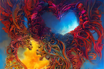 A painting of a colorful, abstract representation of love and passion, featuring fluid shapes and patterns, emphasizing the energy and excitement of love. Generative AI.