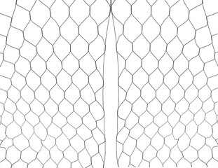 Torn twisted fence chain. wire fence isolated on white background. gap, slot in Mesh netting with hole. thin wire. illustration.