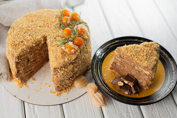 home cake with chockolate decorated crumbs