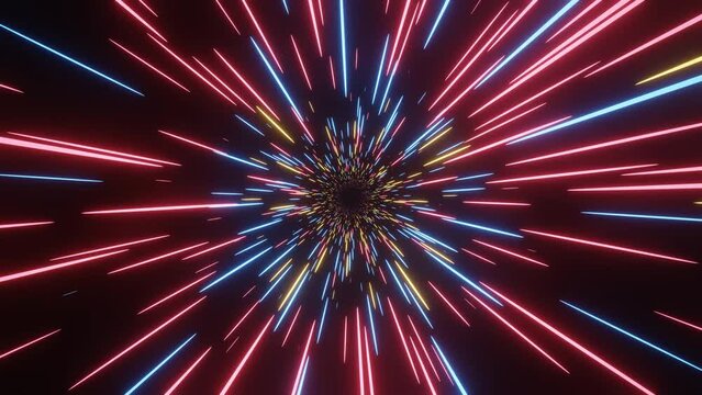 Seamless abstract hyper-speed neon light background. Retro blue, pink, and yellow neon hyper warp. Sci-fi speed of light in galaxy. Time travel hyper jump. 3d illustration.