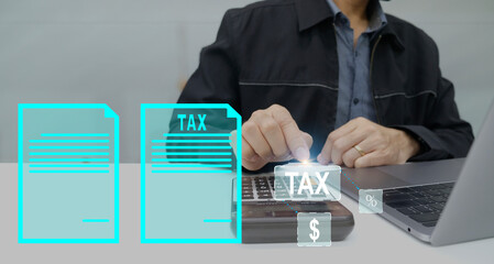 Businessman use a laptop and calculator to complete an income tax return form online. State taxes. Data analysis, paperwork, Financial research, government taxes, Calculation tax return concept.