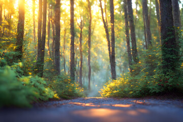 Beautiful colorful view to pathway tree in green lush summer forest, AI generated
