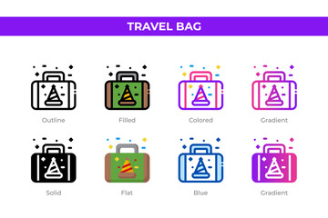 Travel bag icons in different style. Travel bag icons set. Holiday symbol. Different style icons set. Vector illustration